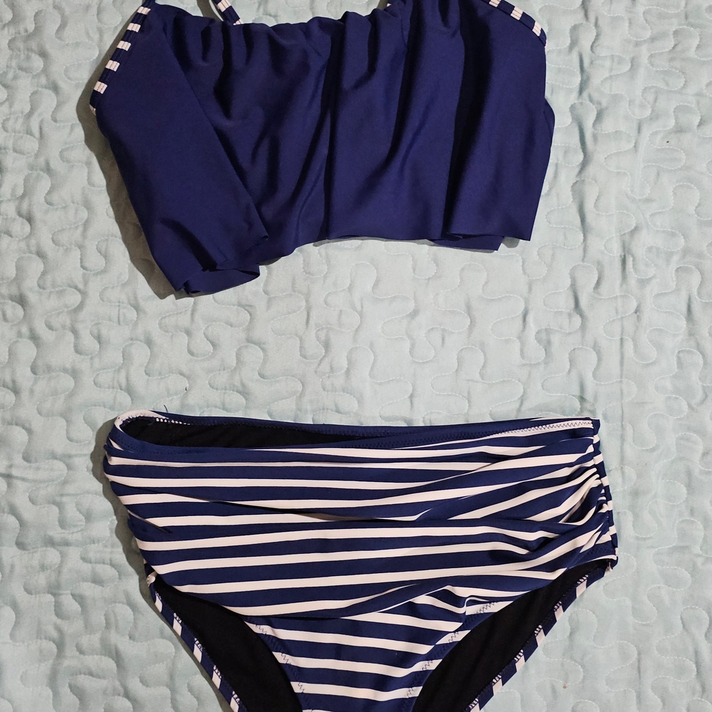 Navy Blue and White Striped Bikini Set